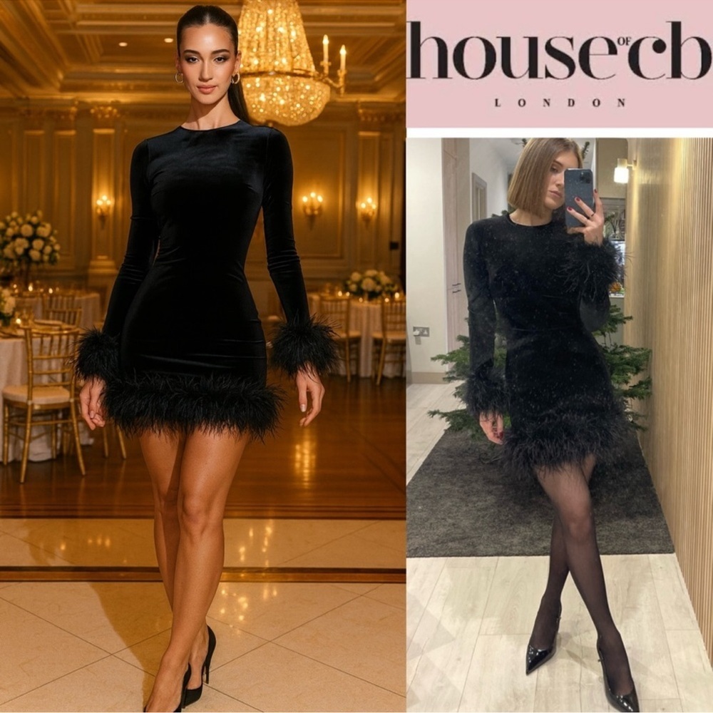 HOUSE OF CB Lavinia Feather Trim Long Sleeve Velvet Minidress size XS